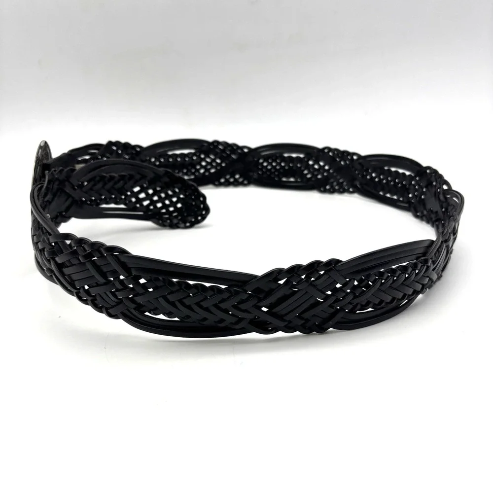 Vintage Y2K New York & Co Black Braided Leather Medallion Buckle Wide Belt M 34